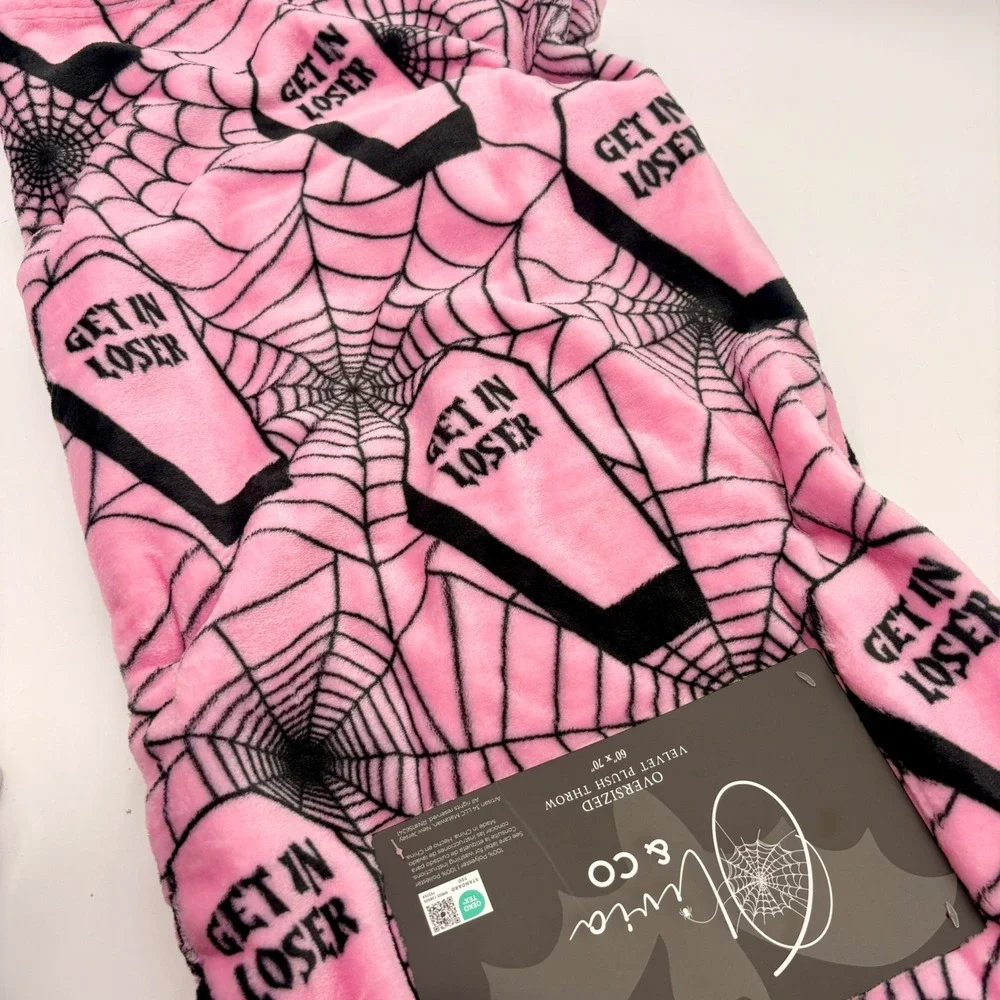 Olivia & Co Pink Black Halloween Get In Loser Coffin Spiderweb Throw Blanket